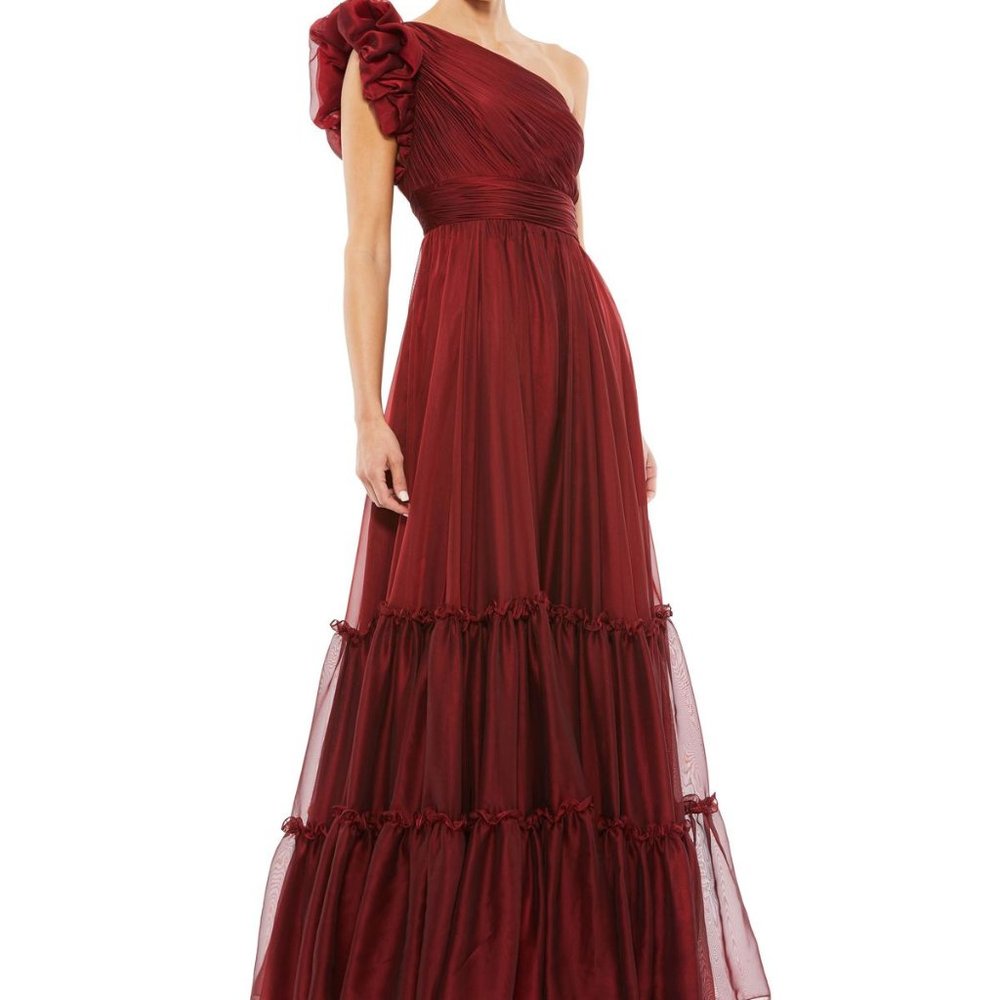 NWT Mac Duggal ORGANZA ONE SHOULDER PLEATED GOWN WINE RED 67878 - Picture 1 of 8